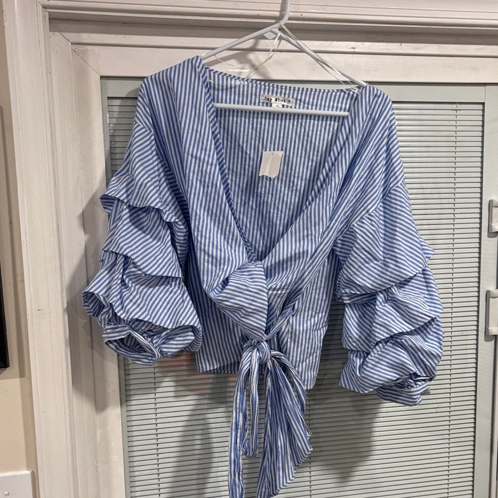 Say What? Blue and White Striped Ruffle Blouse
